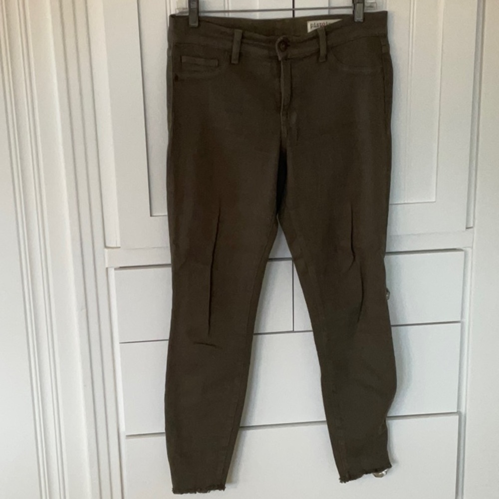 Pistola Olive Slim Fit Pants with raw edge hem and gold zippers